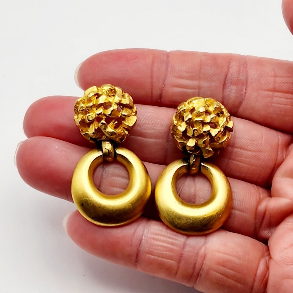 Vintage Unsigned Anne Klein Gold-Tone Basket Weave Hoop Drop Earrings, Pierced